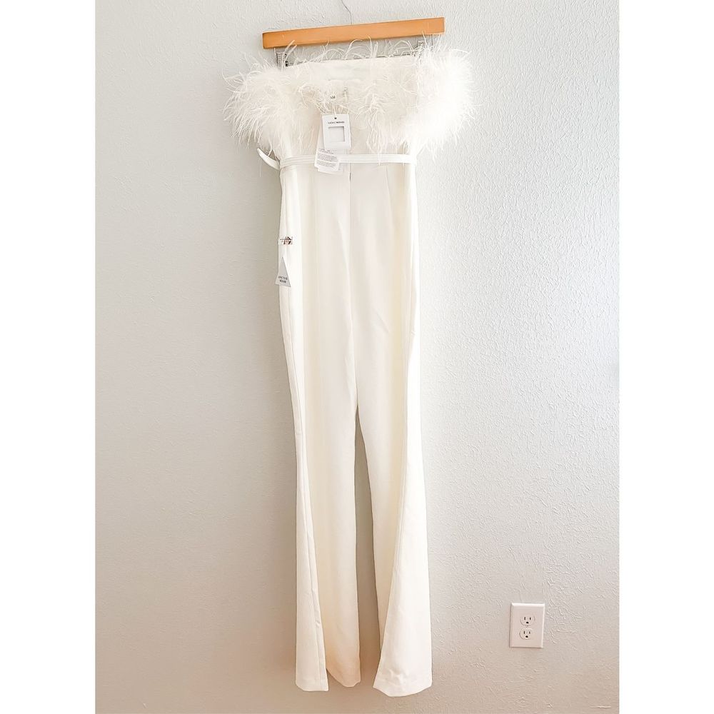 Nadine Merabi Jumpsuit White Colette Strapless Feathers New Size Small 6 - Picture 7 of 15